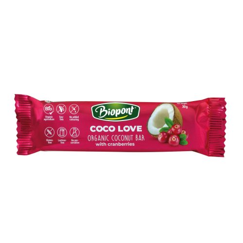Biopont bio coco love vörösáfonyás kókuszos szelet 30 g (Gluténmentes)