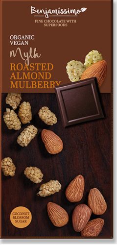 Benjamissimio bio vegán kókuszos csokoládé pörkölt mandulával és fehér eperrel 70 g (Gluténmentes)