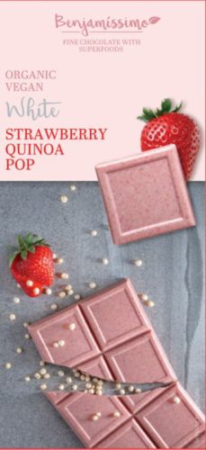 Benjamissimio bio vegán fehér csokoládé eper puffasztott quinoa 70 g (Gluténmentes)