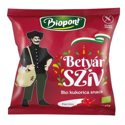 Biopont bio kukorica snack betyár szív paprikás ízesítéssel 45 g (Gluténmentes)