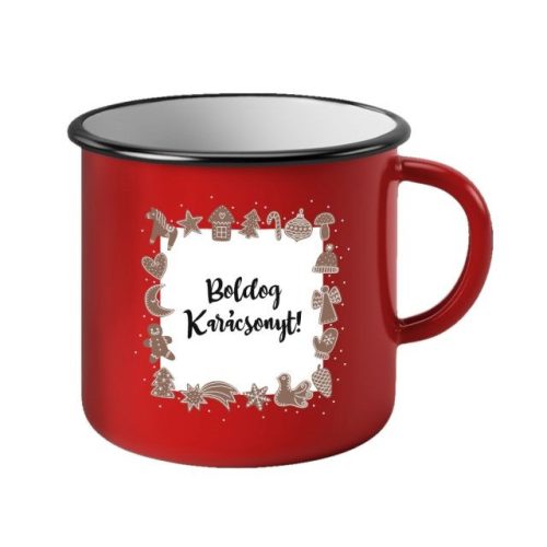 Bögre mézeskalácsos Boldog Karácsonyt felirattal bádog 11x11x10 cm piros 1 db