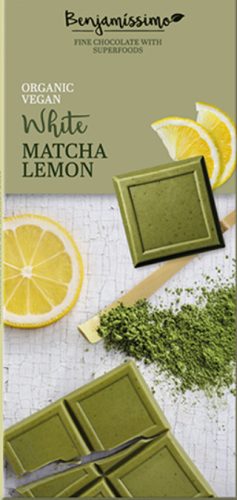Benjamissimio bio vegán fehér csokoládé matcha tea és citrom 70 g (Gluténmentes)