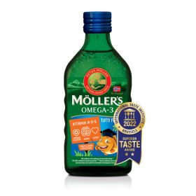   Möllers omega-3 halolaj étrend-kiegészítő a, d és e-vitaminnal, tutti-frutti ízesítéssel 250 ml