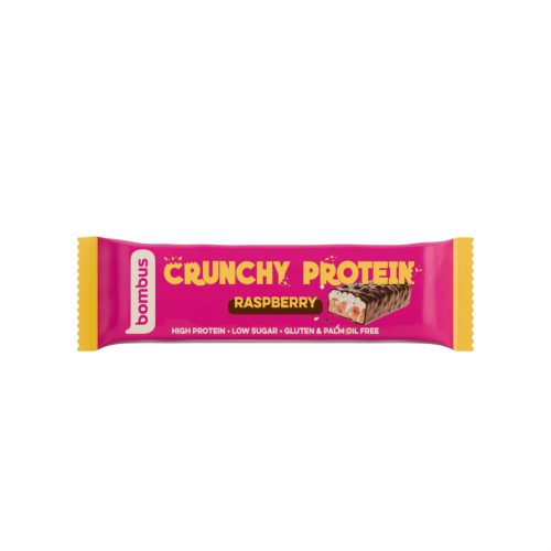 Bombus crunchy proteinszelet tejcsokoládéval málna ízzel és édesítőszerrel 50 g (Gluténmentes)