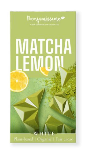 Benjamissimio bio vegán fehér csokoládé matcha tea és citrom hozzáadott cukor nélkül édesítőszerrel 60 g (Gluténmentes)