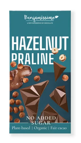 Benjamissimio bio vegán csokoládé mogyorós pralinéval hozzáadott cukor nélkül édesítőszerrel 60 g (Gluténmentes)