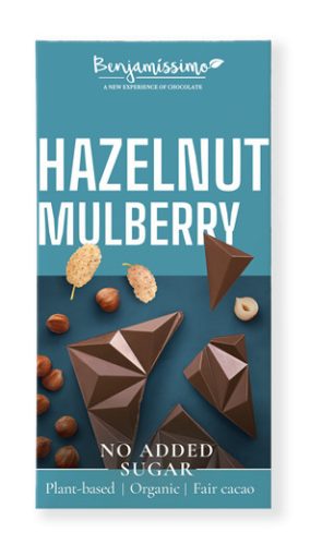Benjamissimio bio vegán csokoládé mogyorós tahinivel, mogyoróval, fehér eperrel hozzáadott cukor nélkül,édesítőszer 60 g (Gluténmentes)