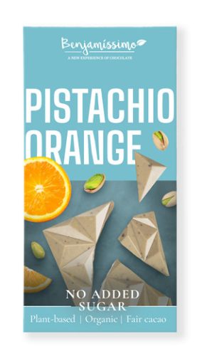 Benjamissimio bio vegán csokoládé pisztáciás tahinivel és narancsolajjal, hozzáadott cukor nélkül édesítőszerrel  60 g (Gluténmentes)