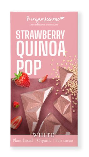 Benjamissimio bio vegán fehér csokoládé eper és quinoa 60 g (Gluténmentes)