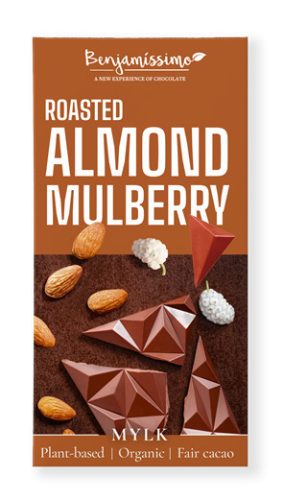 Benjamissimio bio vegán kókuszos csokoládé pörkölt mandulával, fehér eperrel 60 g (Gluténmentes)