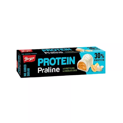 Bergen proteines, fehércsokoládés praliné földimogyoróval töltve hozzáadott cukor nélkül, édesítőszerrel 50 g