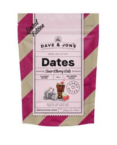 Dave & Jon's dates sour cherry cola mag nélküli ízesített datolya cherry cola ízben, hozzáadott cukor nélkül 125 g