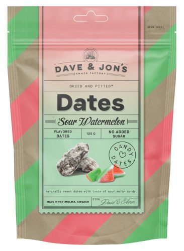 Dave & Jon's dates sour watermelon mag nélküli ízesített datolya görögdinnye ízben, hozzáadott cukor nélkül 125 g