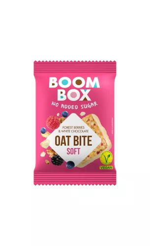 Boom box vegán cukormentes zabfalat erdei gyümölcs és fehér csokoládé lágy 20 g