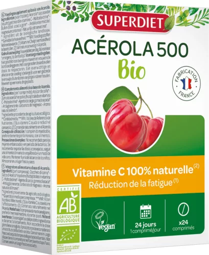 Superdiet acerola 500mg, 100%-ban természetes c-vitamin 85mg gyümölcs ízű vegán rágótabletta 24 db