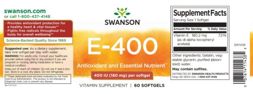 Swanson E-400 vitamin 180mg 60 kapszula d-alfa-tokoferol-acetát