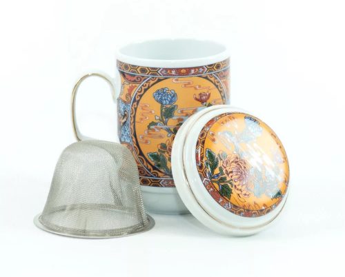 Porcelán teásbögre 330ml BIG TEA 4 féle mintával, peremes tetővel + fém szűrővel