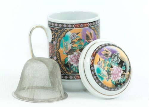 Porcelán teásbögre 330ml BIG TEA 4 féle mintával, peremes tetővel + fém szűrővel